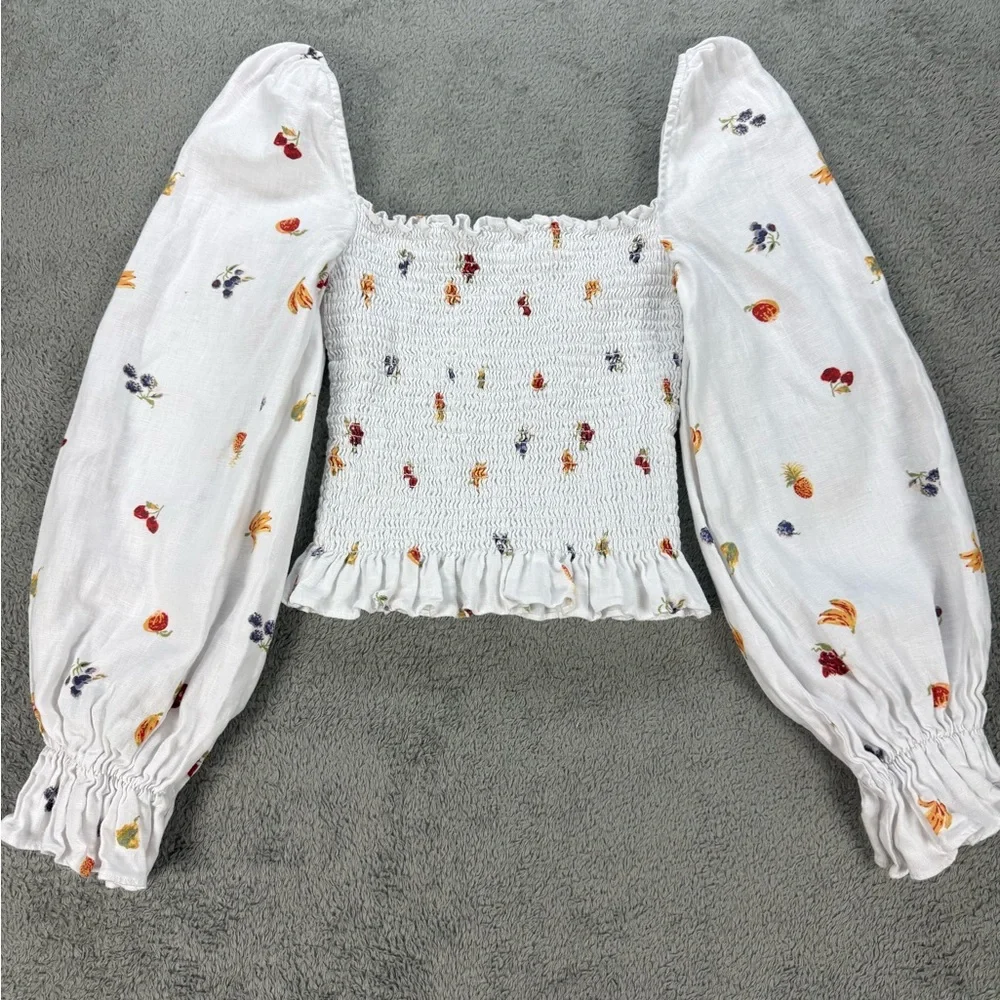 Reformation Tangerine Top 100% Linen Smocked Floral Print in White - Picture 2 of 8